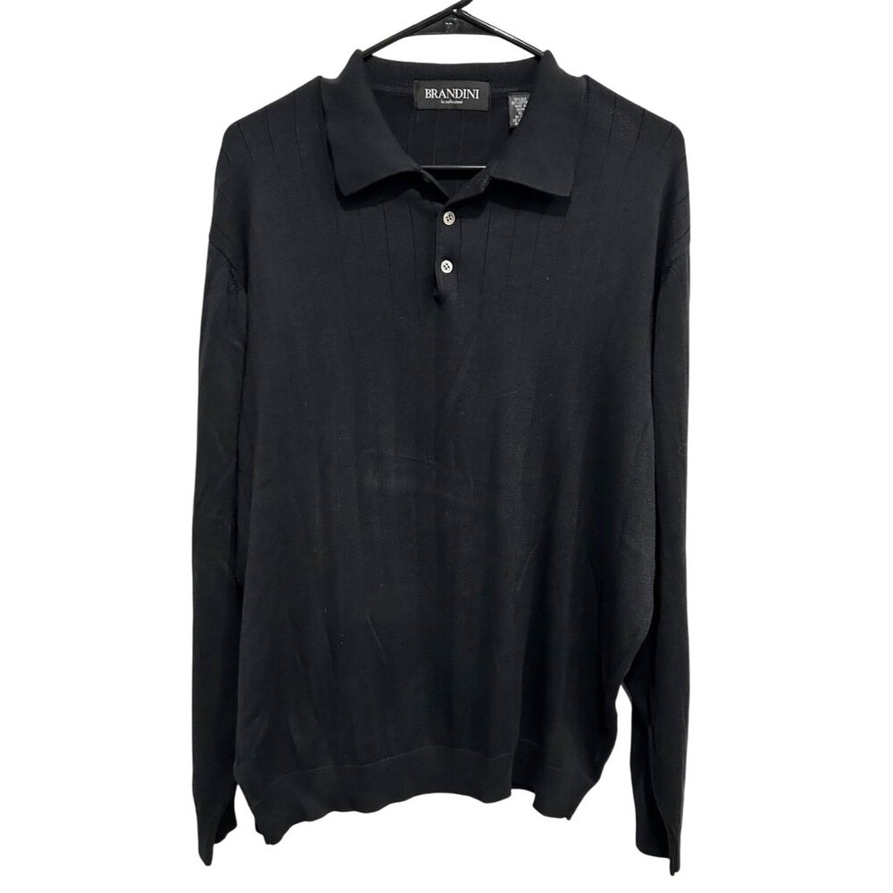 Brandini Le Collezioni Mens Black Silk Cotton Long Sleeve Polo Sweater Sz XL